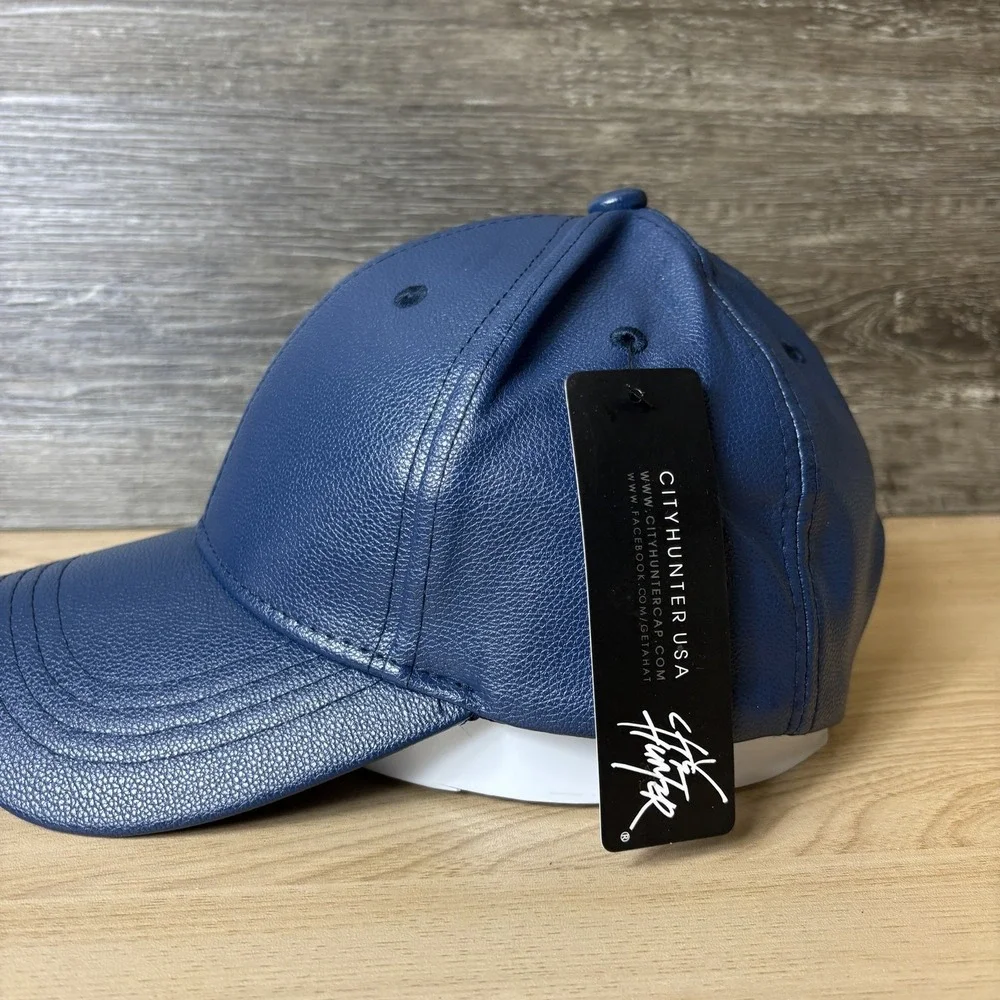 City Hunter Hat Cap Strap Back Navy Blue Faux Leather Mens OSFA PU Modern Style